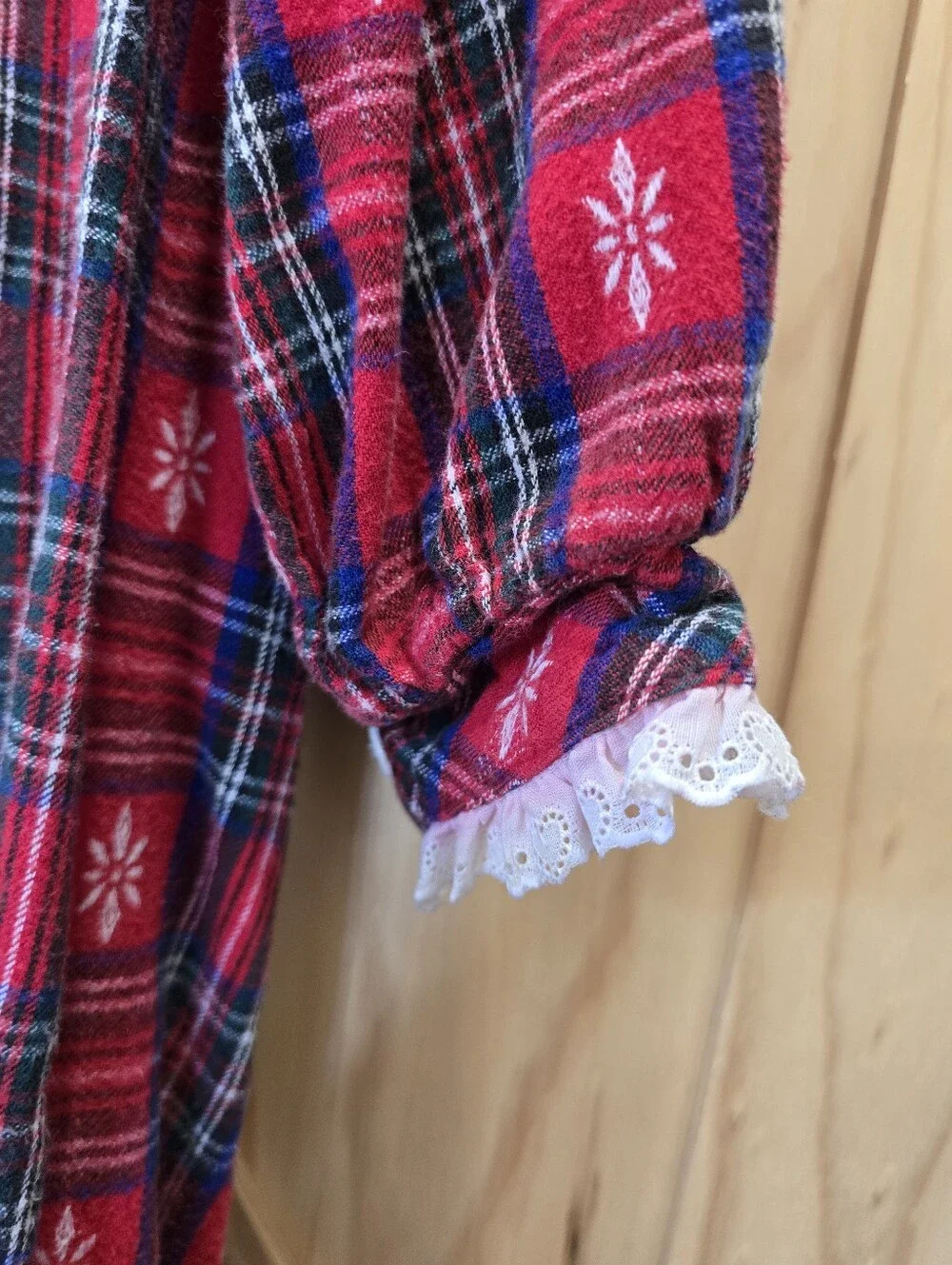 Vintage Lanz of Salzburg Red Plaid Tartan Cotton Lace Flannel Nightgown Size M